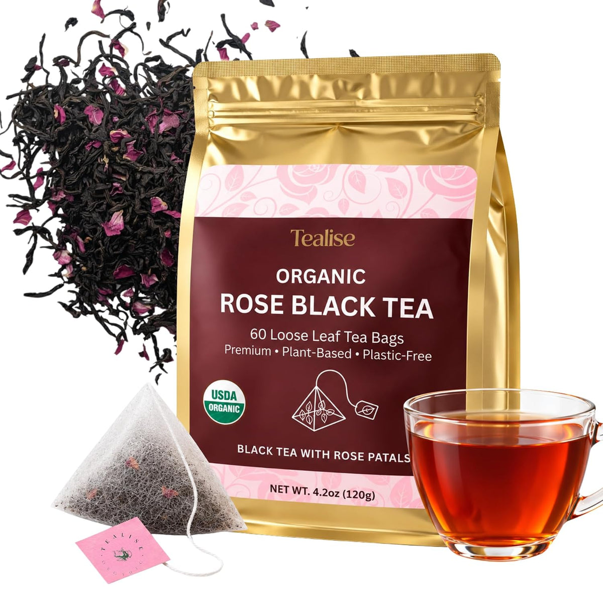 Organic Rose Black Whole Leaf Pyramid Tea Bags – USDA Organic, Plant-Based & Plastic-Free Tea Bags, Smooth Floral Black Tea, 60 Count by Tealise