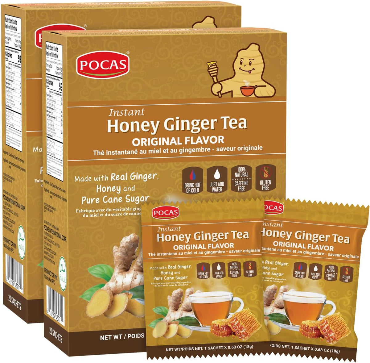 Pocas Honey Ginger Instant Tea Powder 2-Pack with Ginger Extract and Real Sweetener, Caffeine-Free Tea, 20 Packets per Box