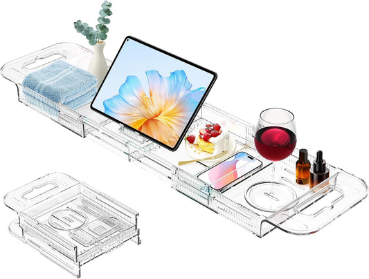 Expandable Drain Bath Caddy Tray for Tub, YOCOMEY Multifunctional Acrylic Bathtub Tray Bathroom Organizer, Simple Bathtub Table Trays Storage Rack for Candle Towel Book Wine Phone Shower(Clear)