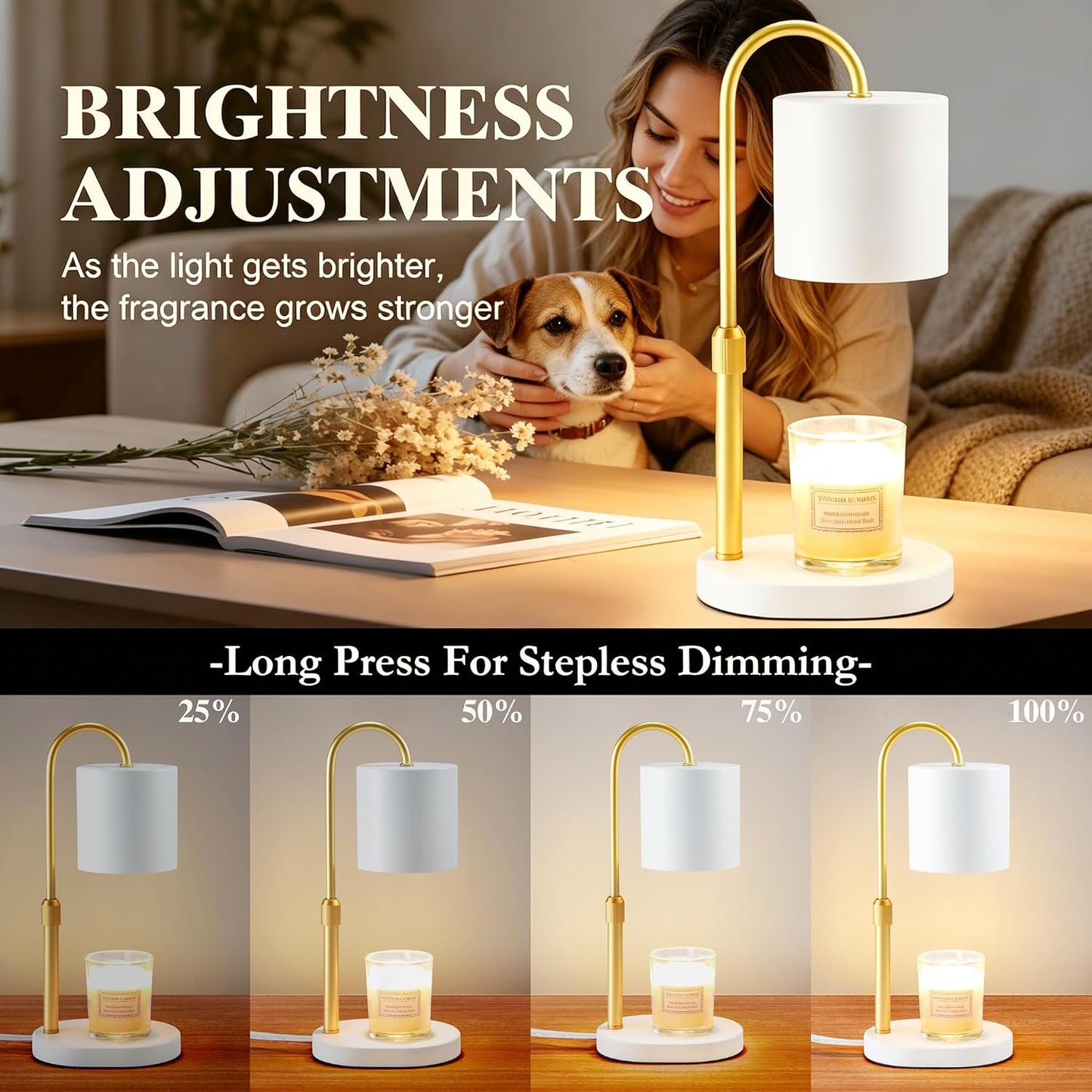 Dreamholder Electric Candle Warmer Lamp with Timer, Dimmable Candle Lamp with Adjustable Height, Wax Melter for Jar Candles Wood Base Floral Home Decor Gifts for Women Mom, Silver Glass