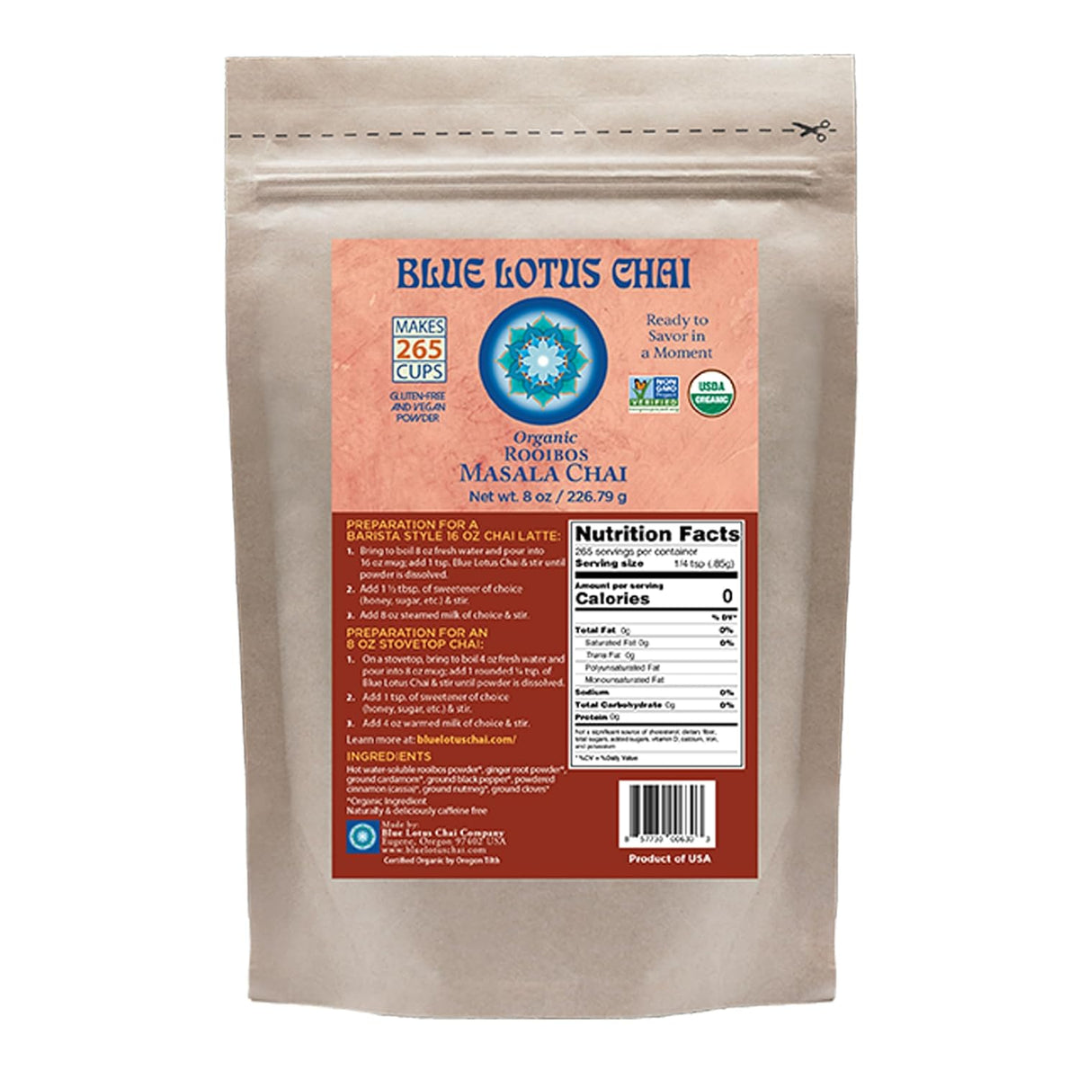 Blue Lotus Chai - Rooibos Flavor Masala Chai - Makes 65 Cups - 2 Ounce Masala Spiced Chai Powder with Organic Spices - Instant Indian Tea No Steeping - No Gluten