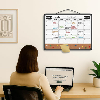 Monthly Calendar Dry Erase Board 16x12 Inch, Double-Sided Whiteboard and Corkboard Combo, Wall Mounted Planner Organizer with Markers, Magnets, Push Pins, Eraser, for Home Office School