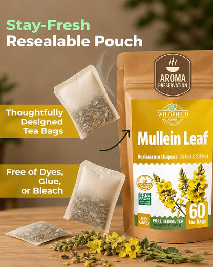 60 Bags Mullein Leaf Tea (Verbáscum L.) - 60 Count 2g Bags Mullen Leaves Mullein Mulungu Hoja De Gordolobo