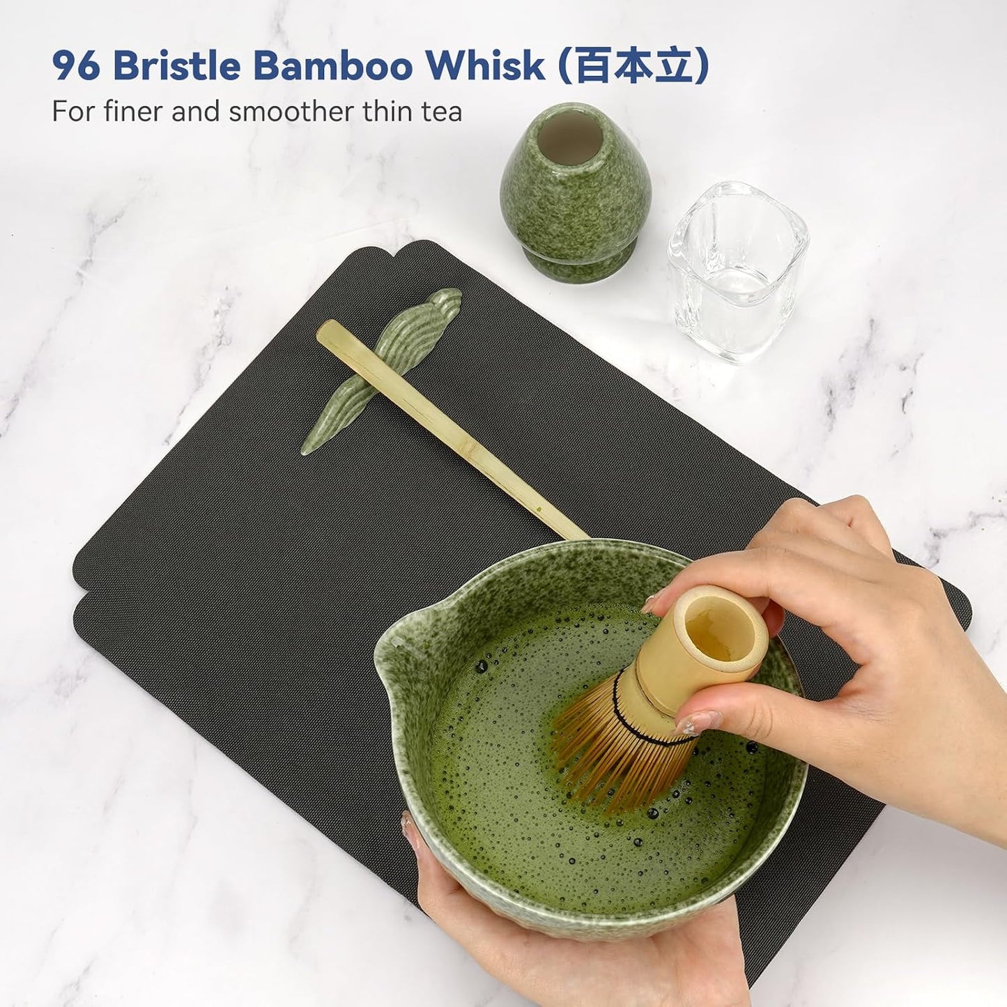 Joiish Matcha Whisk Set, Matcha Kit 10-Pcs, Bamboo Whisk and Ceramic Bowl with Spout & Measuring Spoon & Cup, Japanese Ceremony Matcha Tea Powder Making Tools, Light Green