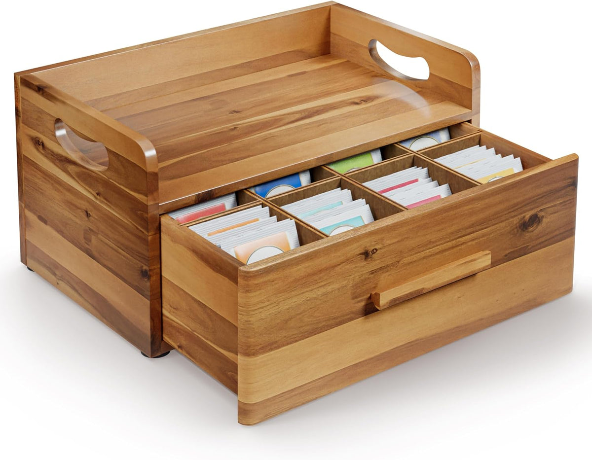 TINAMO Acacia Wooden Tea Box Organizer with Drawer for Tea & Coffee Storage