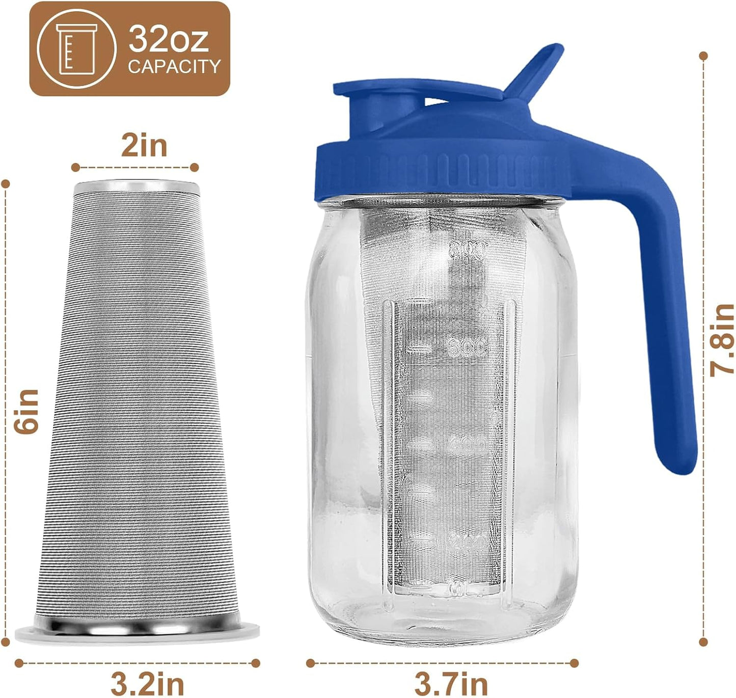 Cold Brew Coffee Maker,64 oz Mason Jar Pitcher with Stainless Steel Filter, Pour Spout Handle Lid, Heavy Duty Glass Airtight & Leak-Proof for Iced Coffee,Tea & Lemonade