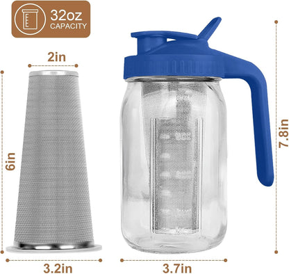 Cold Brew Coffee Maker,64 oz Mason Jar Pitcher with Stainless Steel Filter, Pour Spout Handle Lid, Heavy Duty Glass Airtight & Leak-Proof for Iced Coffee,Tea & Lemonade