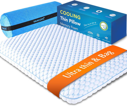 Thin Pillow for Sleeping, Cooling Gel Flat Pillow for Stomach and Back Sleepers, Ultra Slim Stomach Sleeping Pillows for Shoulder Neck Pain Relief, Low Profile Memory Foam Pillows 2.25-inches