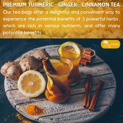TOG999, 30 Bags Premium Turmeric Ginger Cinnamon Tea, Improve Digestion, Support Brain, Weight, Skin and Sleep, Eco-Conscious Tea Bags and Premium Natural Ingredients. Turmeric Ginger Herbal Tea. No Sugar, No Caffeine, No Gluten, Vegan.