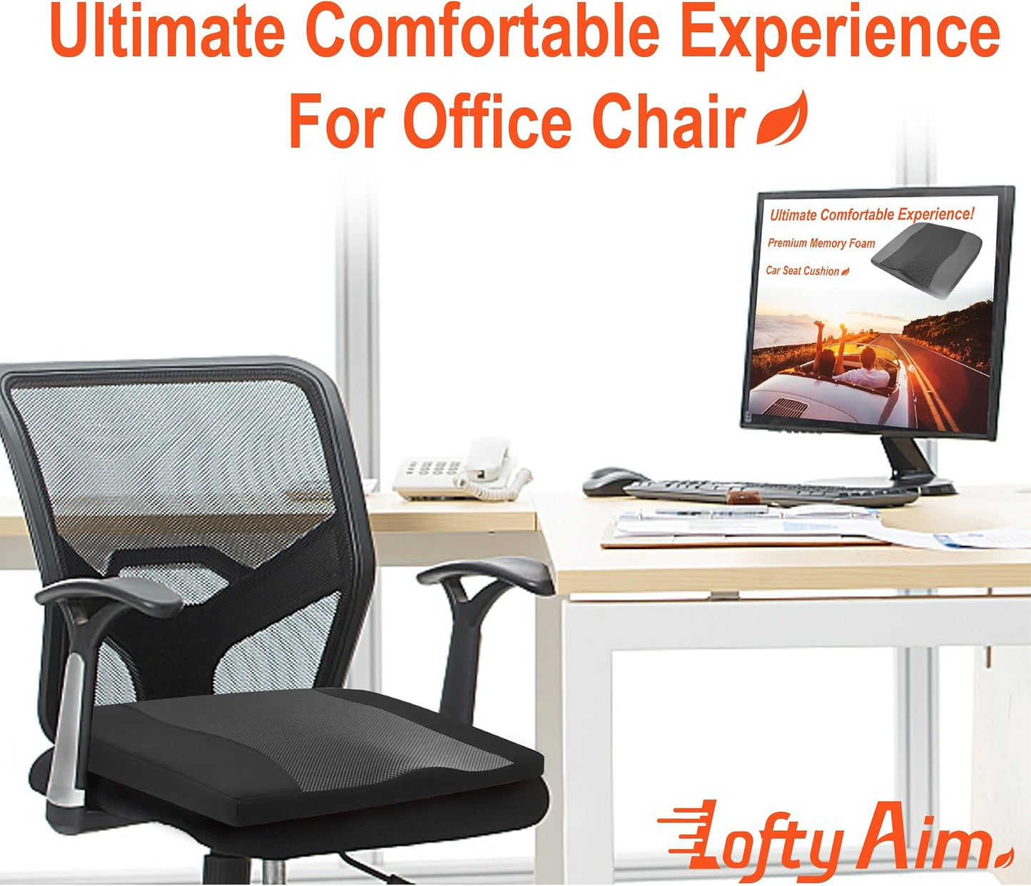 Lofty Aim Car Seat Cushion, Comfort Memory Foam Car Cushions for Driving - Sciatica & Lower Back Pain Relief, Driver Seat Pillow for Auto, Office Chair, Wheelchair - Black