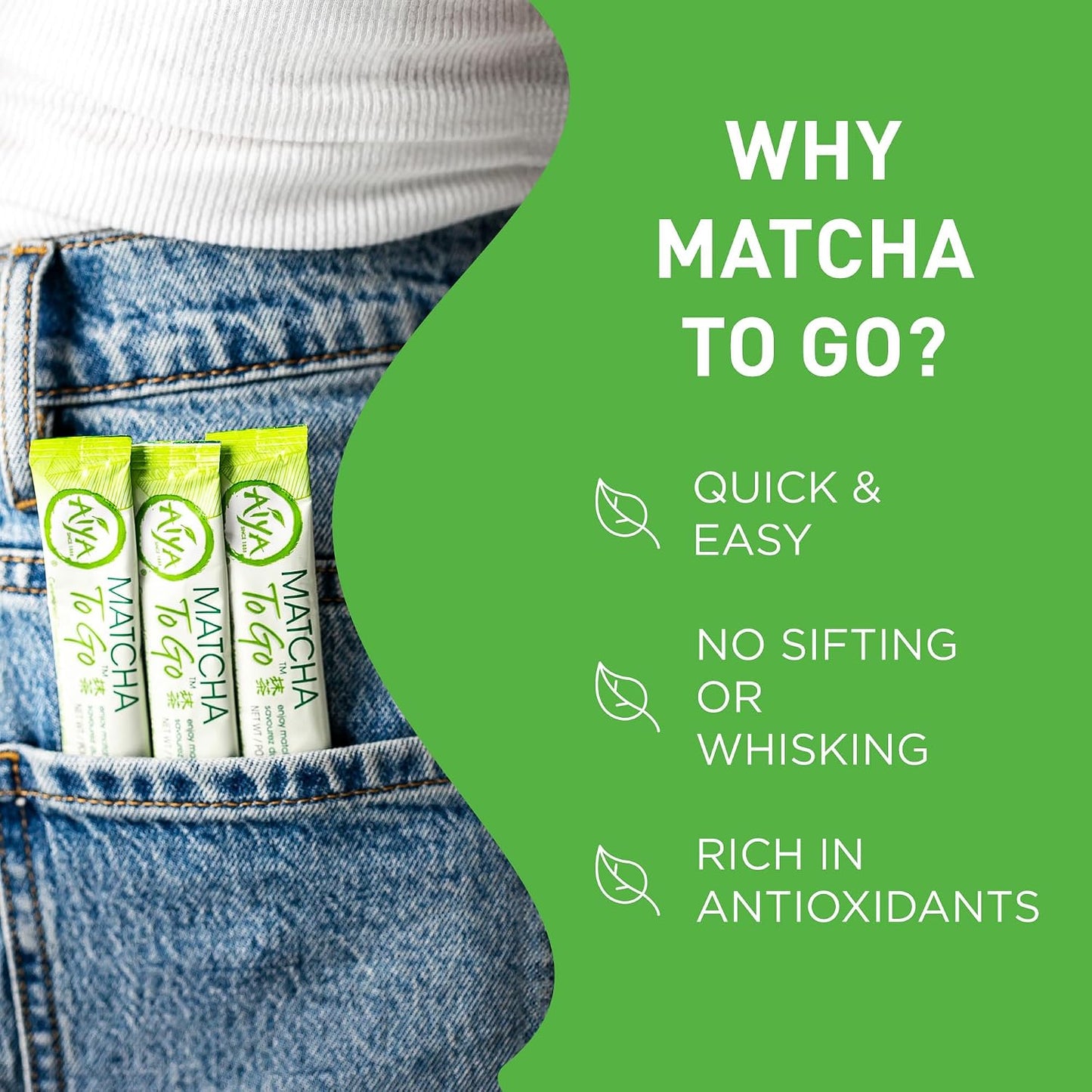 Aiya Japanese Sweetened Matcha Powder to Go Sticks - Ceremonial Grade, Vegan-Friendly, Gluten-Free - 8 Individually Packed Single-Serving Sticks for Freshness and Convenience