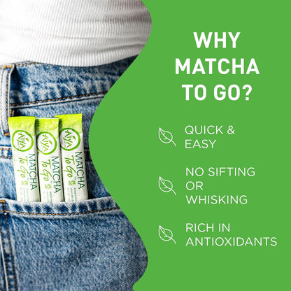 Aiya Japanese Sweetened Matcha Powder to Go Sticks - Ceremonial Grade, Vegan-Friendly, Gluten-Free - 8 Individually Packed Single-Serving Sticks for Freshness and Convenience