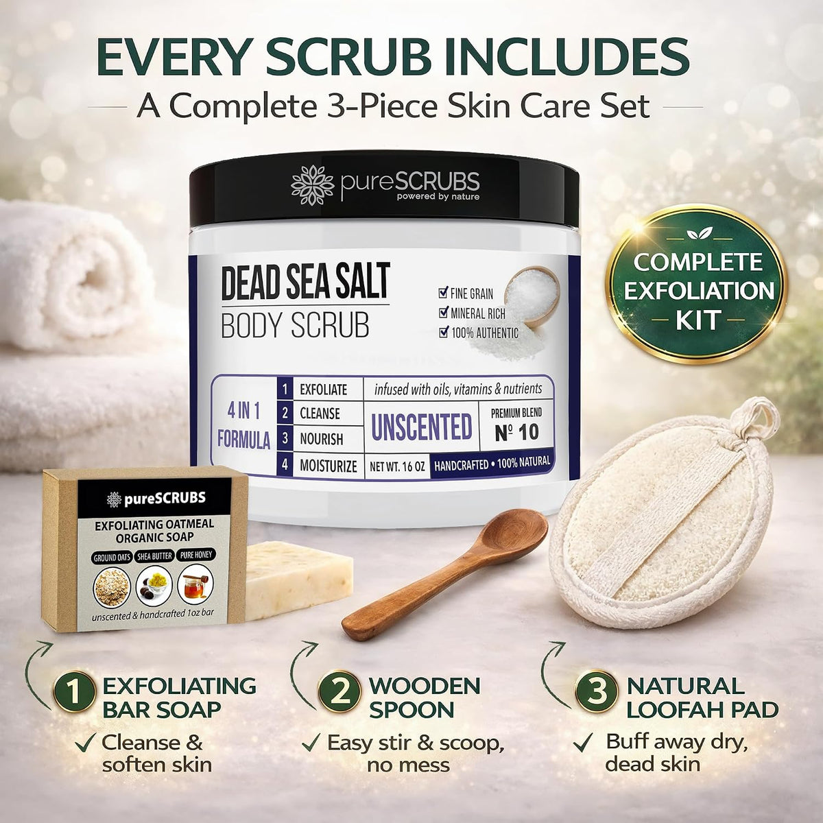 pureSCRUBS Premium Cucumber Body Scrub Set, Exfoliating Dead Sea Salt Scrub