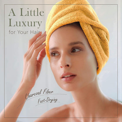 myHomeBody Hair Towel Wrap, Luxury Quick Drying Turban, Ultra Soft Absorbent Charcoal Fiber Cap, with Coconut Shell Button – Gray