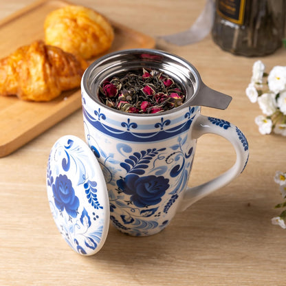 GBhome Tea Mug with Infuser and Lid, 18 Ounce Large Ceramic Loose Leaf Cup, Microwave, Dishwasher Safe, Perfect for Tea Lovers
