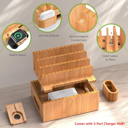 Pezin & Hulin Bamboo Charging Station for Phone, Watch&Earbud with 5 Cables
