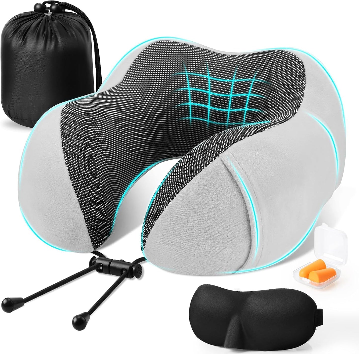 CloudBliss Travel Pillow for Airplane, Memory Foam Neck Pillow for Travel, Compact Flight Pillow with Eye Mask, Earplugs, Carry Bag, Travel Neck Pillow for Long Flight Sleep, Plane Accessories, Black