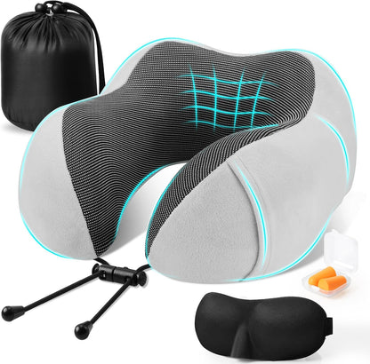 CloudBliss Travel Pillow for Airplane, Memory Foam Neck Pillow for Travel, Compact Flight Pillow with Eye Mask, Earplugs, Carry Bag, Travel Neck Pillow for Long Flight Sleep, Plane Accessories, Black