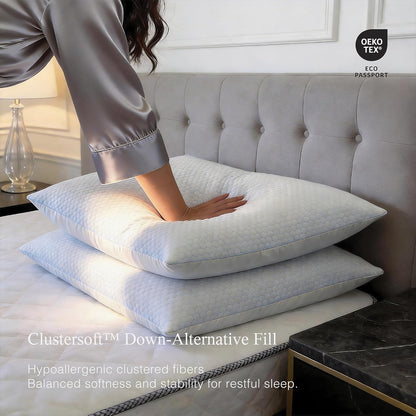Blue Ridge Home Fashions Luxury Hotel Quality Cooling Pillows Queen Size Set of 2, Soft Touch Firm Support 500 Thread Count Damask Stripe Embroidered 100% Cotton Cover, Down Alternative