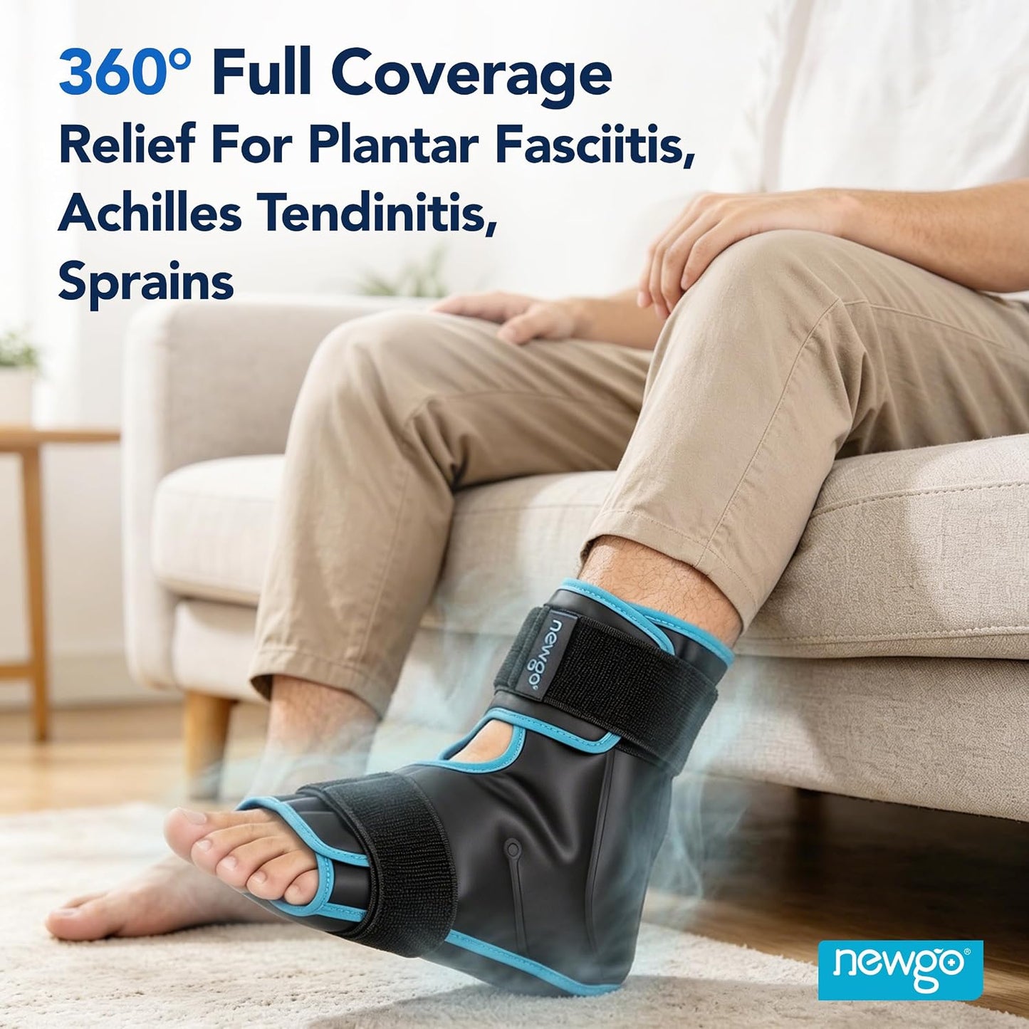 NEWGO Foot Ice Pack Wrap for Plantar Fasciitis Relief, 360° Full Coverage Reusable Gel Ice Boot for Heel & Ankle Pain, Cold Compression for Swelling, Achilles Tendonitis & Ankle Sprain- Black