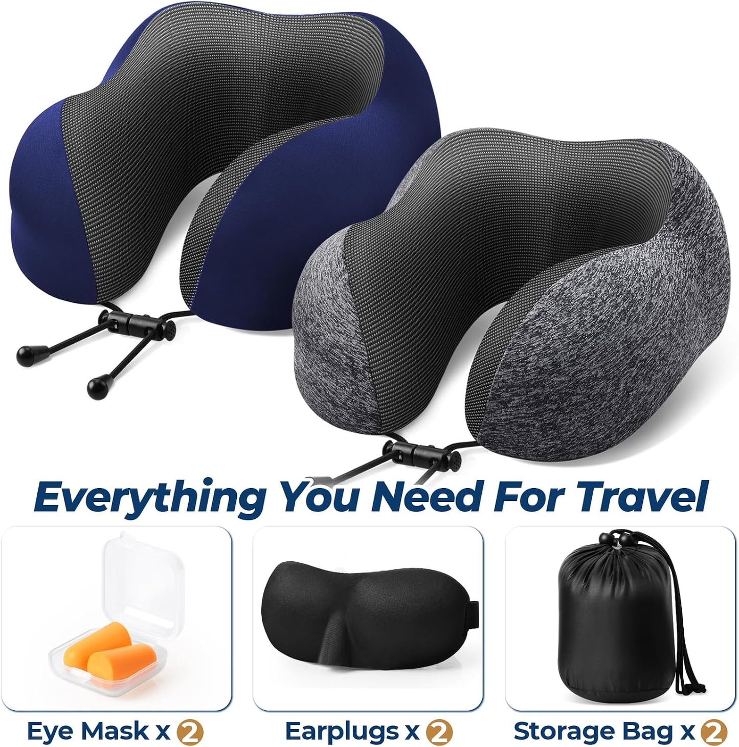 ExploreBliss Travel Pillow, Travel Pillows for Sleeping Airplane, Neck Pillow Airplane, Memory Foam Neck Pillow Set with Eye Mask, Earplugs and Storage Bag -Grey