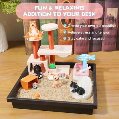 Tian Zhun Cat Lover Gifts for Women Adults Cat Mom Gifts Mini Zen Garden for Desk Cats Themed Gift Sand Tray Therapy Kit Sand Included