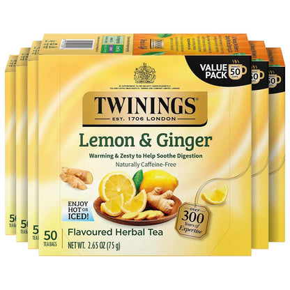 Twinings Lemon & Ginger Herbal Tea Individually Wrapped Bags, 50 Count (Pack of 6), Tangy Lemon & Spicy Ginger, Naturally Caffeine-Free, Enjoy Hot or Iced, 300 Teabags