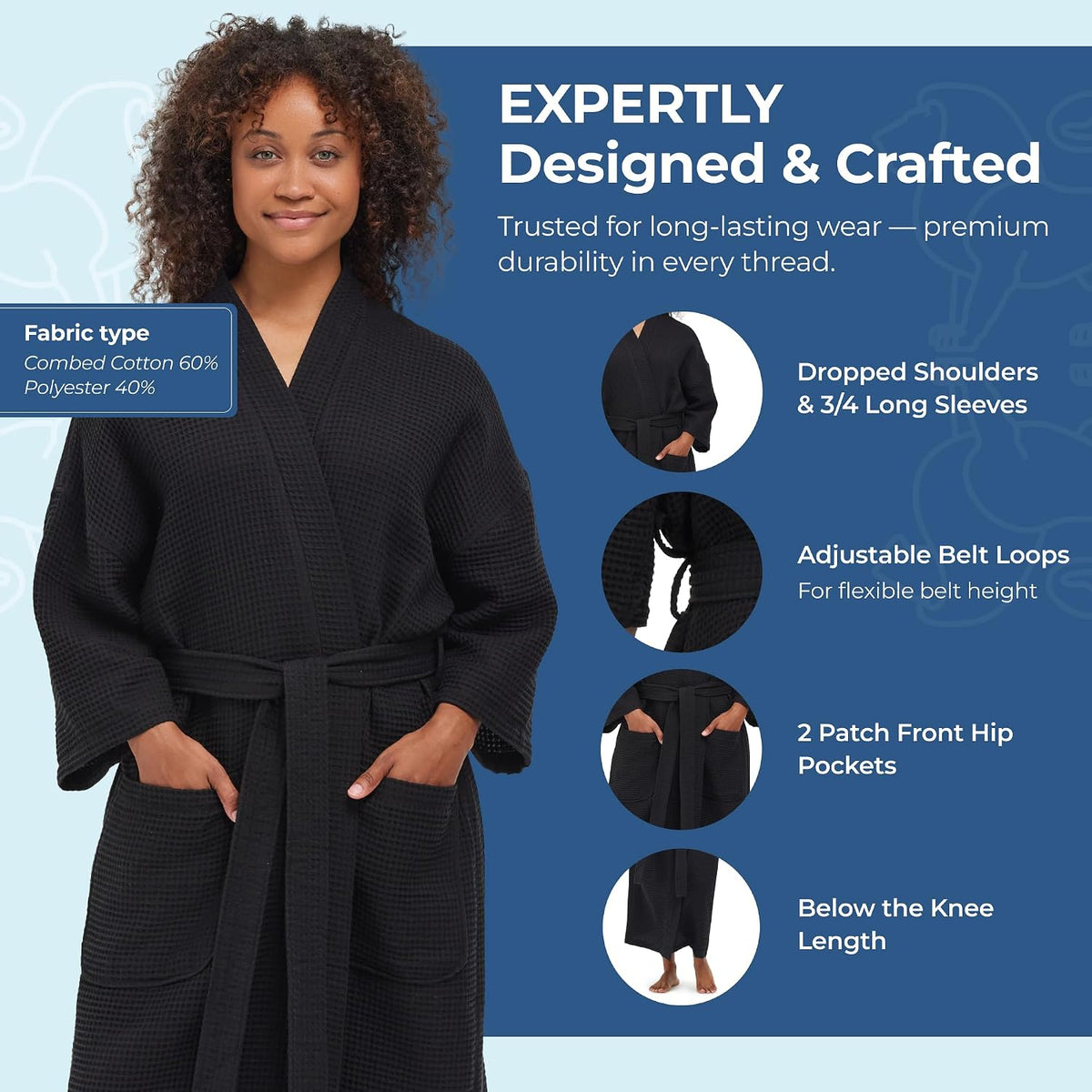 Monarch Square Waffle Spa Kimono Robe for Men or Women