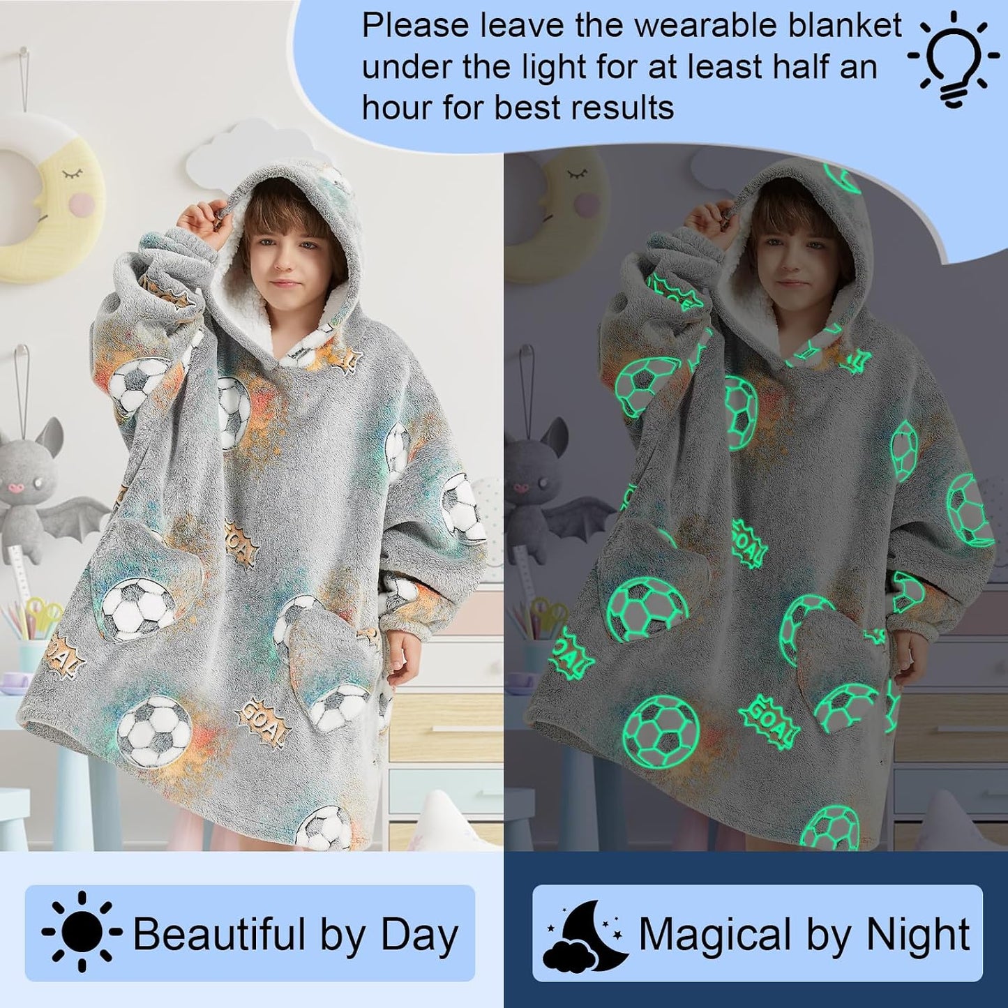 Fiosnow Glow in the Dark Unicorn Blanket Hoodies for Kids 6-13YR Oversize Wearable Blanket Hoodies for Boys Girls Teens