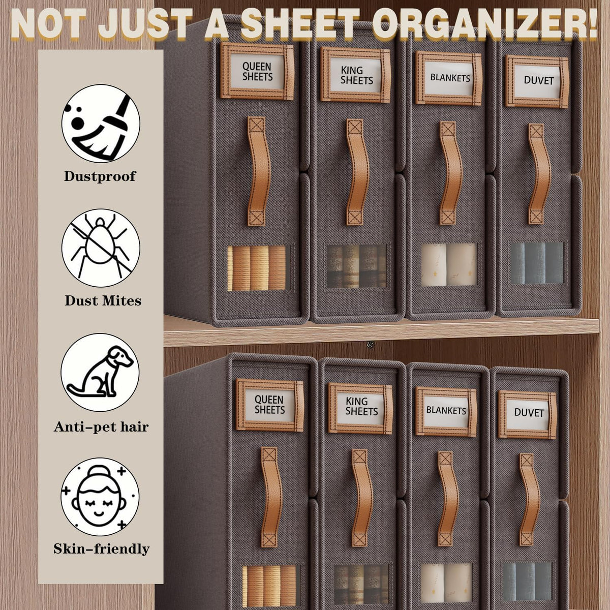 Bed Sheet Organizers and Storage (4 Pack, Queen & King Size) – Foldable Linen Closet Organizers with Window & Label, Zipper Bedding Storage Box for Sheets, Duvet Covers, Pillow Cases – Gray