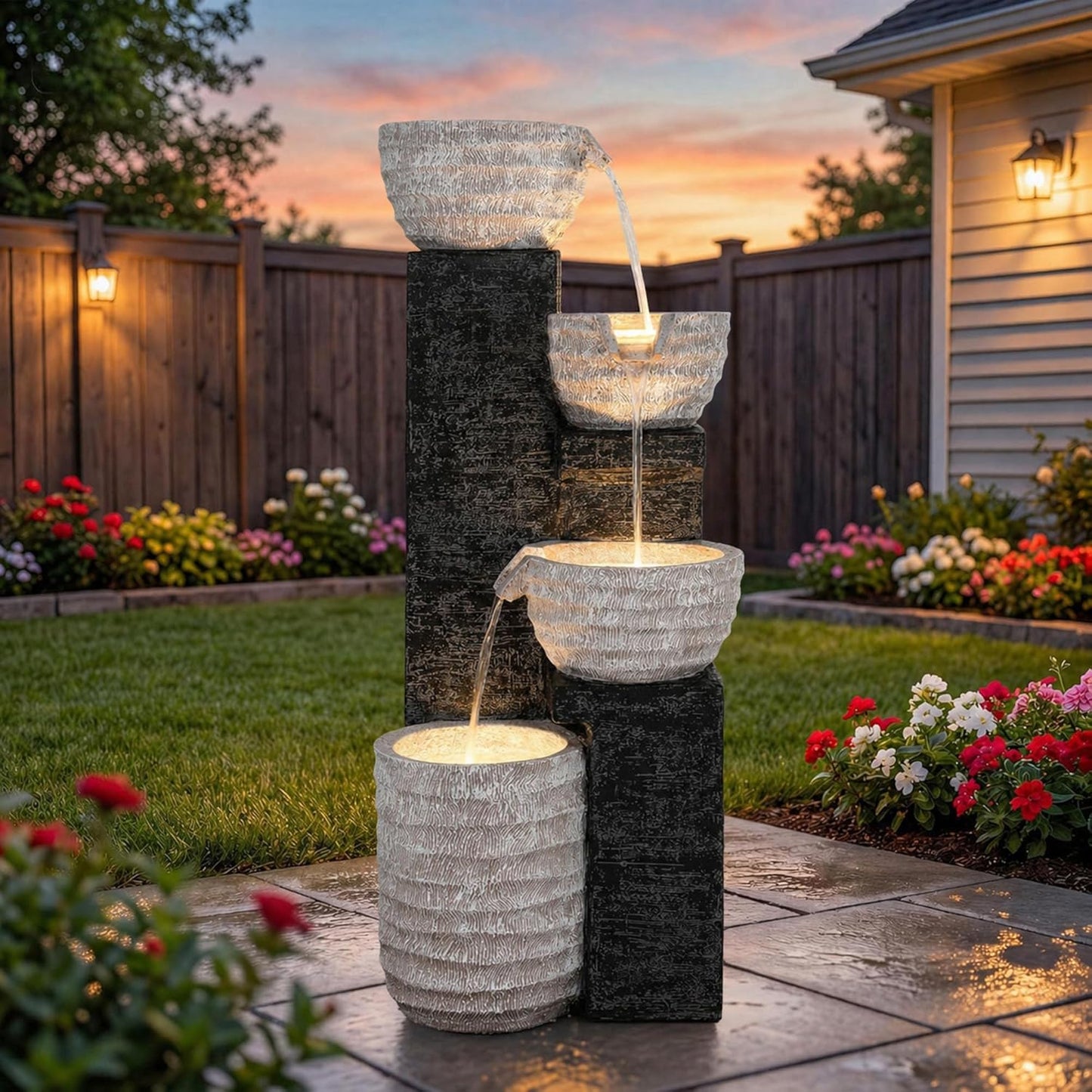 19.5" H 4-Tier Indoor & Outdoor Water Fountain with LED Lights | Resin Pebble Textured Tabletop Cascading Water Feature, Relaxing Decor for Patio, Porch, Deck, Yard & Home