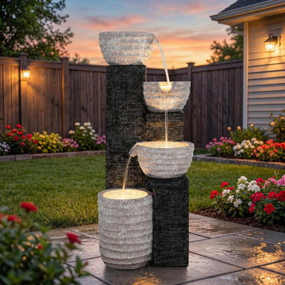 19.5" H 4-Tier Indoor & Outdoor Water Fountain with LED Lights | Resin Pebble Textured Tabletop Cascading Water Feature, Relaxing Decor for Patio, Porch, Deck, Yard & Home