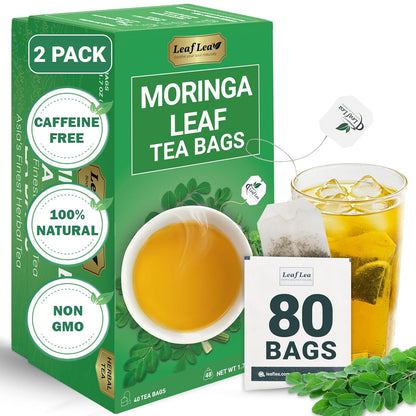 LeafLea Moringa Tea Bags, Pure Moringa Leaf Herbal Tea, 80 Count, 2 Boxes