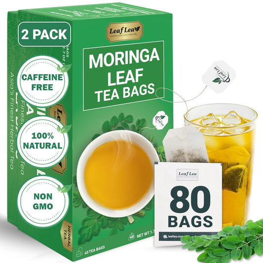 LeafLea Moringa Tea Bags, Pure Moringa Leaf Herbal Tea, 80 Count, 2 Boxes