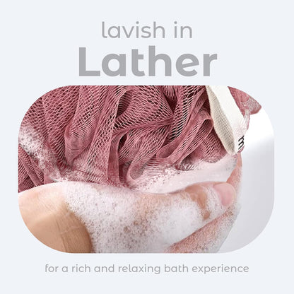 MainBasics Bath Shower Loofah Sponge Pouf Body Scrubber Exfoliator Body Wash Sponge (Set of 3, Airy Blossom)