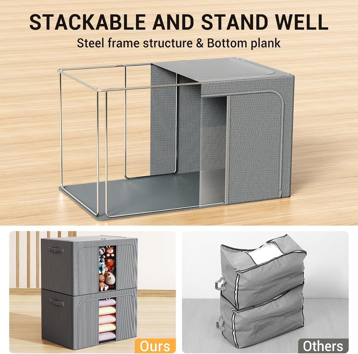 Clothes Storage Bins with Metal Frame Foldable Storage Box Clothes Organizers Storage Containers for Clothes Sheets Blankets Books Toys Gifts and Holiday Decorations (66Lx3 Pack)