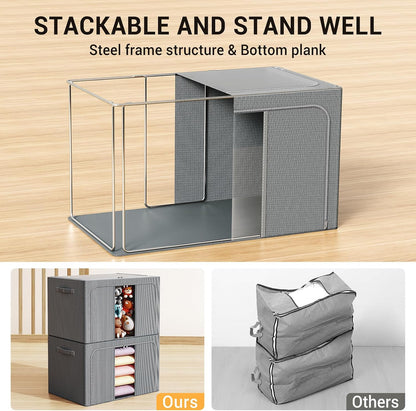 Clothes Storage Bins with Metal Frame Foldable Storage Box Clothes Organizers Storage Containers for Clothes Sheets Blankets Books Toys Gifts and Holiday Decorations (66Lx3 Pack)