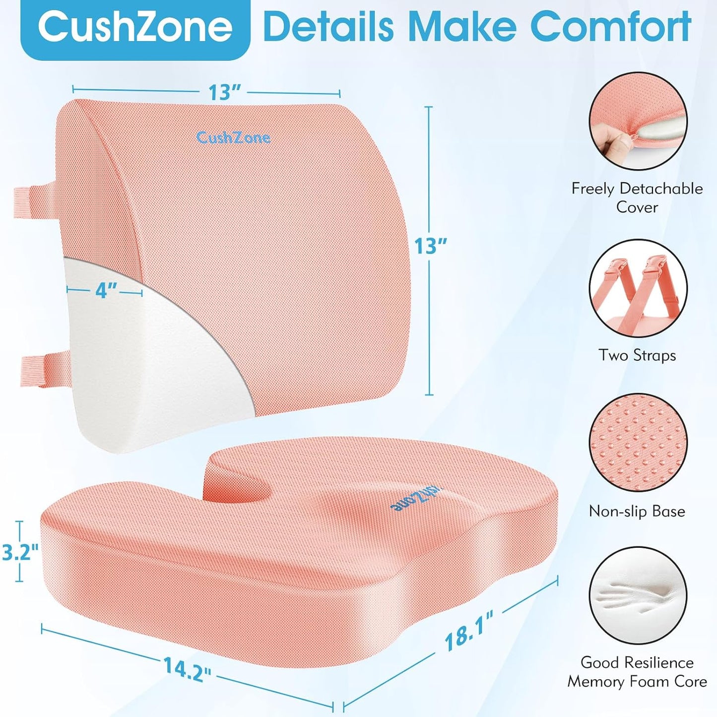 CushZone Ergonomic Seat Cushion & Lumbar Support Pillow - Memory Foam for Sciatica Pain Relief & Posture Correction, Non-Slip Chair Cushions for Office Chair/Car/Wheelchair/Travel (Black)