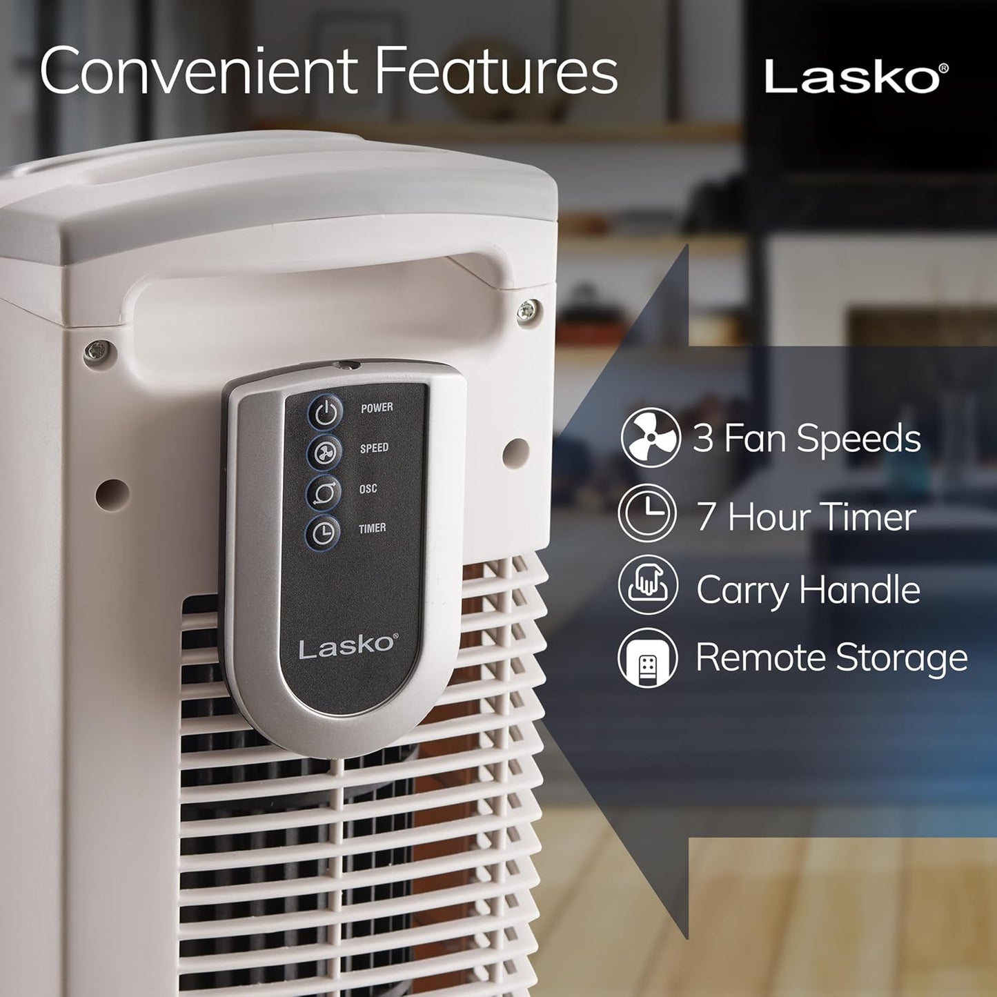Lasko Oscillating Tower Fan with Remote Control and Timer - Quiet Standing Fan for Bedroom, Office, and Home - 3 Speeds - Powerful Cooling Air - 2510 - 36" Tall - White