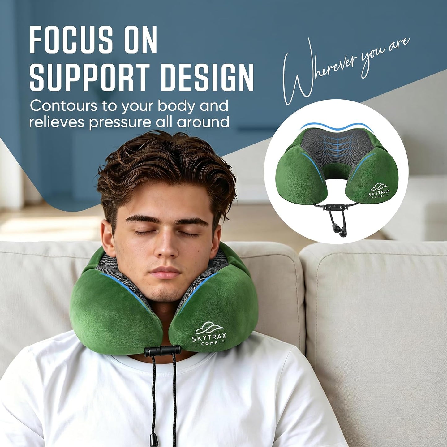SkytraxComf® Travel Neck Pillow with Hood for Privacy on Long Flights | Memory Foam | Airplane Sleep | Safety-Tested Materials | Extra Large Hood | Chin Support | Earplugs | Washable Cover