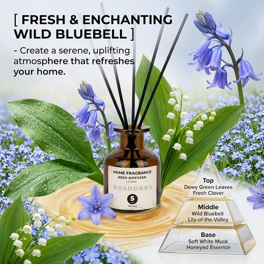 Reed Diffuser Set, Bluebell Scent, 5 oz | Home Fragrance, 5 Sticks Included, Fresh wild floral notes; 90 days constant release;