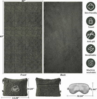 Travel Blanket Pillow,Airplane Blanket Compact with Bag Eye Mask, Ultra-Soft,Warm & Lightweight Included,Travel Essentials for Women & Men, Luggage Sleeve & Backpack Clip 65x40 in, Grey