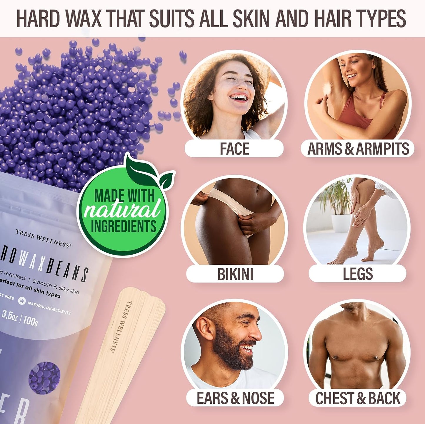 Tress Wellness Award Winning Waxing Kit for Sensitive Skin, Safe for Face & Skin, Easy to Use, At-Home Kit for Face, Bikini, Brazilian & Full Body - Digital Display, Black Purple Flower