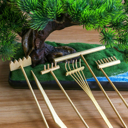 Zen Garden Rake Stamp Tools - Meditation Rock Sand Garden Accessories – Office Desktop Mini Zen Gifts for Man Women Bamboo Rakes Holder Brusher Spoon Figurines