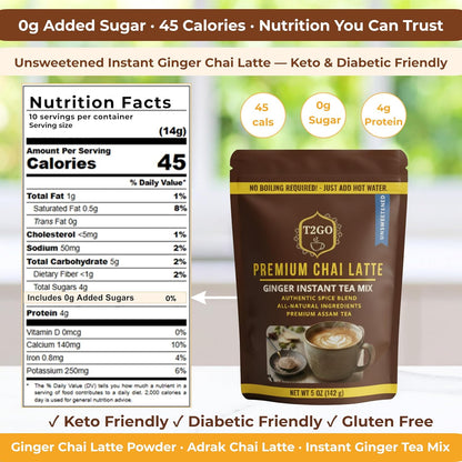 T2GO Unsweetened Ginger Chai Tea Latte Powder – No Added Sugar, 5 oz | Bold adrak ginger chai, unsweetened — real milk & spices built in, 45 cal, 0g added sugar
