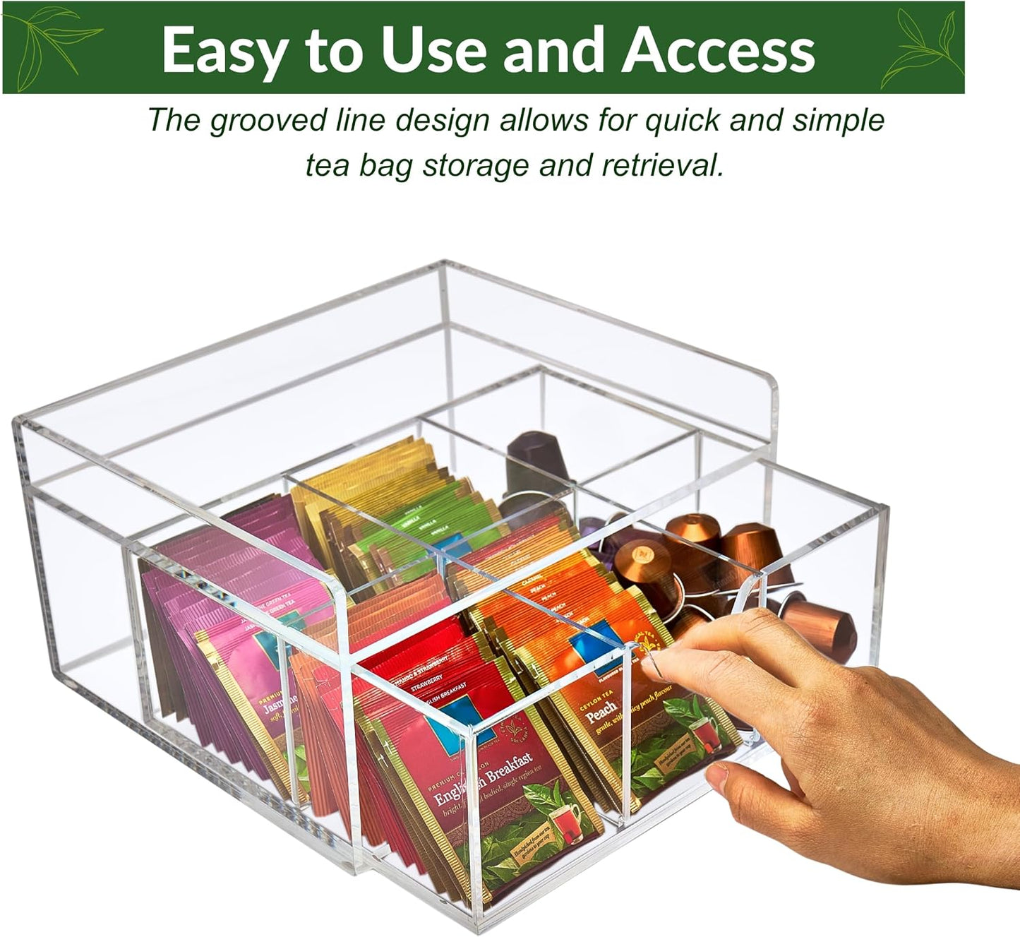 Heavy-Duty Acrylic Tea Bag Organizer, 8-Compartment Storage Box | Perfect Organizer: 8-compartment design keeps tea bags and coffee pods neatly sorted, saving space on your countertop.