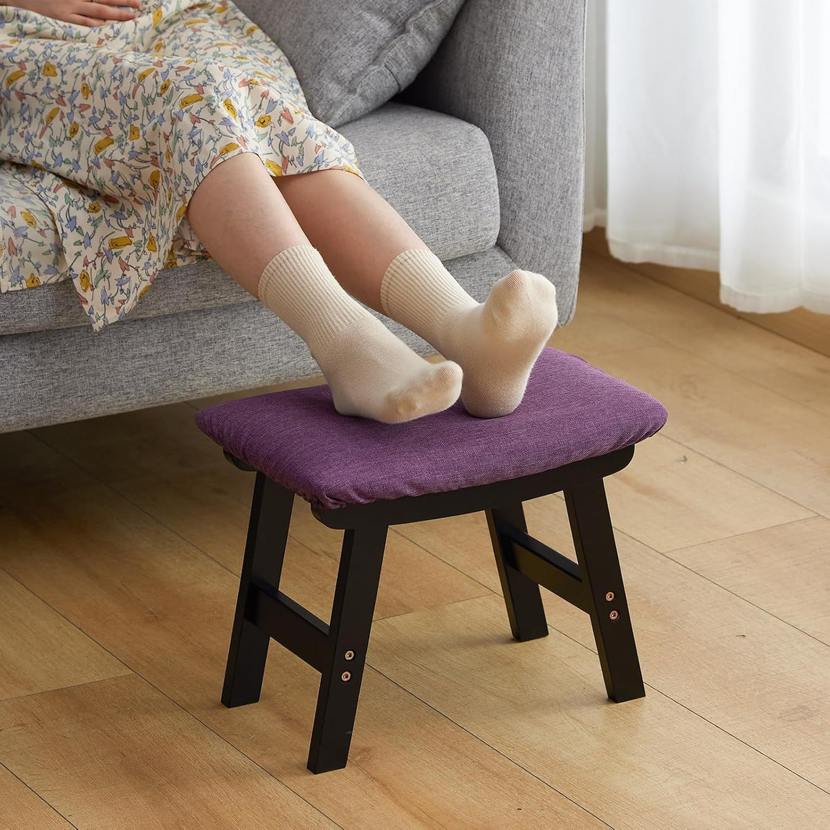 Foot Stool Ottoman Foot Rest Under Desk,Small Stool for Living Room, Bedroom and Kitchen (Brown Legs - Beige Stool Surface)