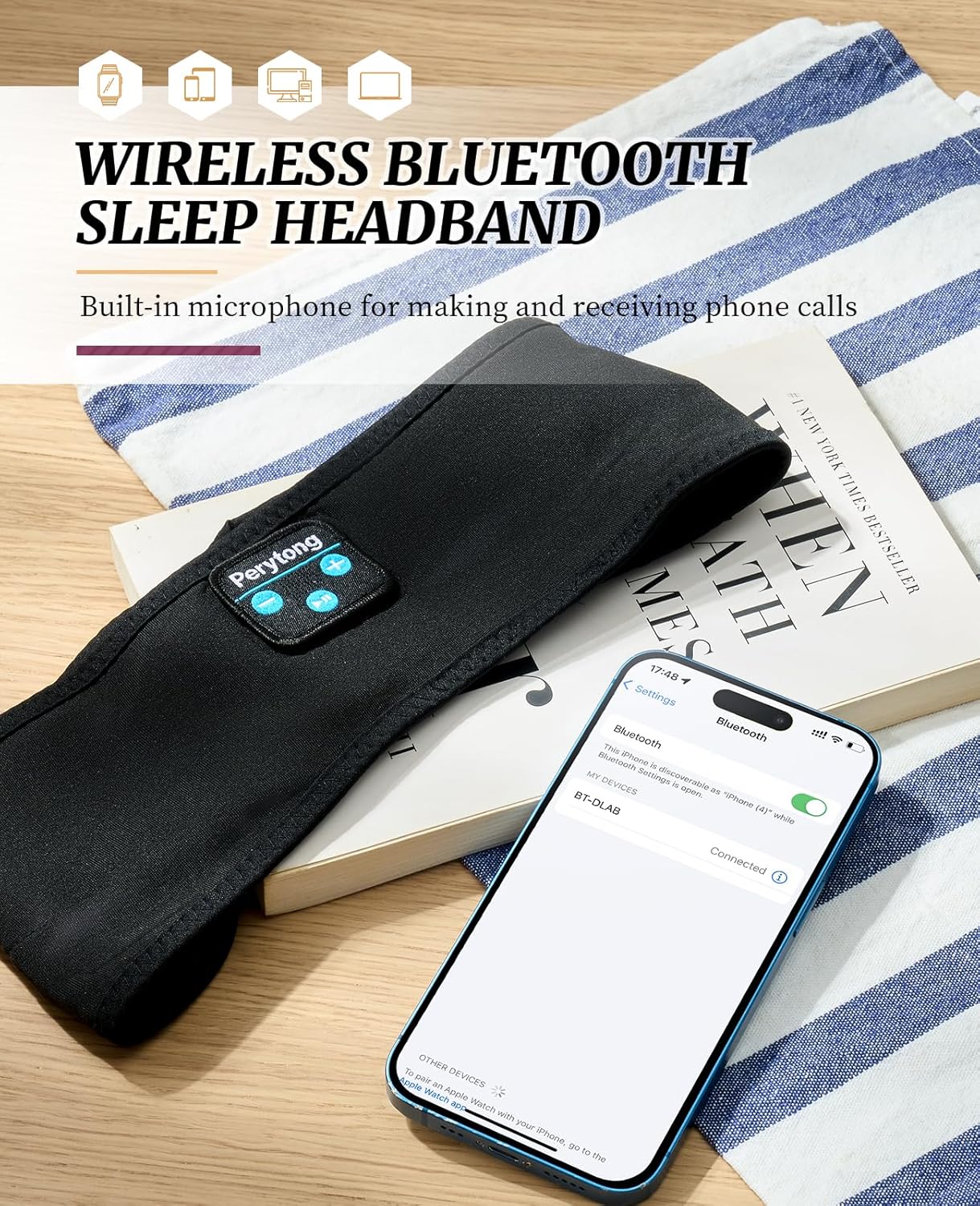 Perytong Sleeping Headphones Bluetooth Headband, Soft Long Time Play Sleeping Headsets with Built in Speakers Perfect for Workout,Running,Yoga,Travel, Darkgray