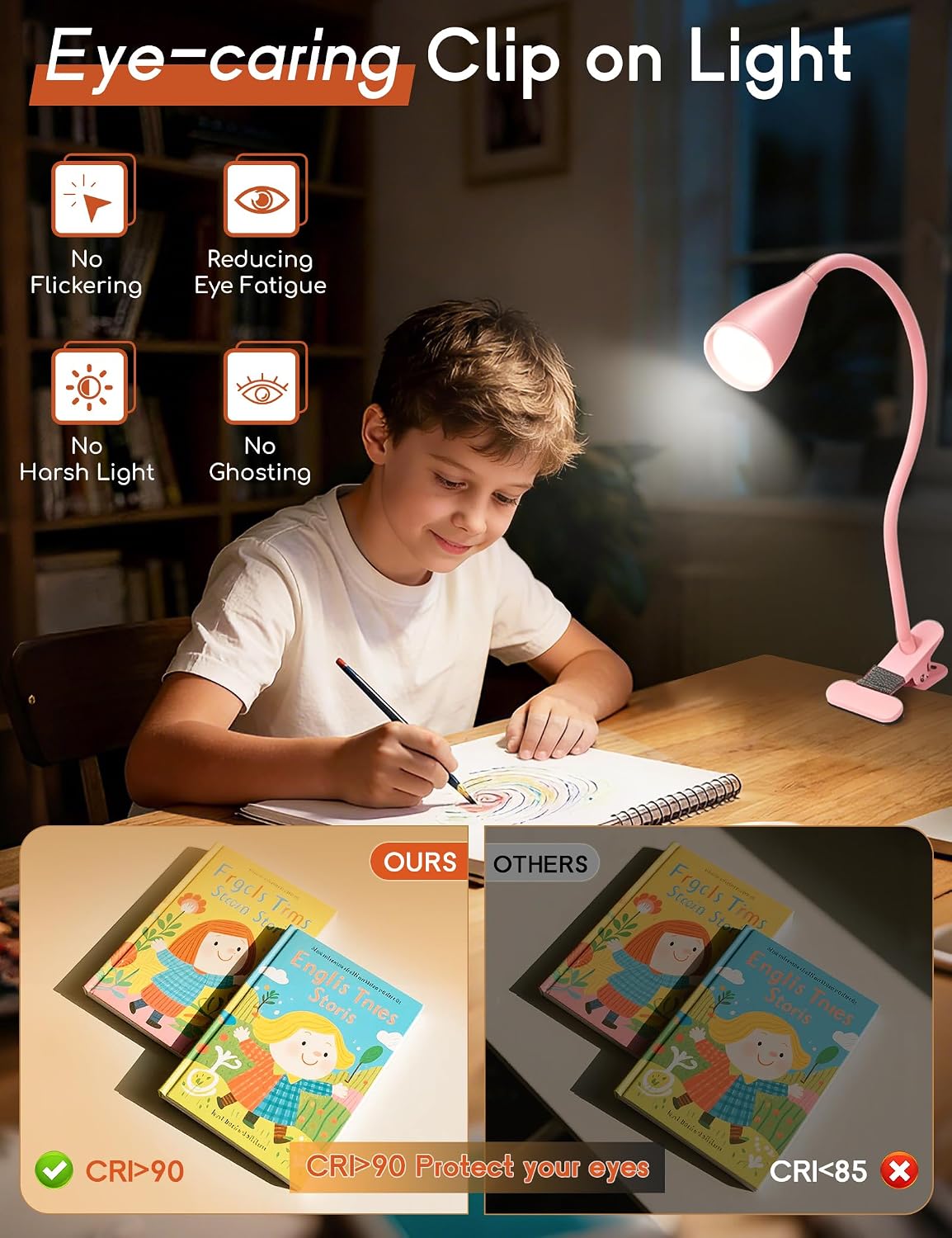 Reading Light for Book in Bed, Clip on Light Reading Lamp with Adapter, 5 Color Modes 10 Brightness, 360° Flexible Eye-Caring Clip on Desk Lamp Book Light for Reading in Bed Headboard Bedside Bedroom