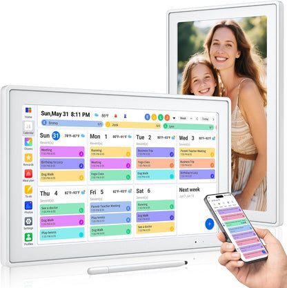 Digital Calendar, 10.1 Inch Electronic Calendar for Family Schedules, Smart Touchscreen Interactive Family Planner with Chore Chart, Meal Planner, Digital Picture Display, Gift for Mom Dad Mother (Wood Grain Color)